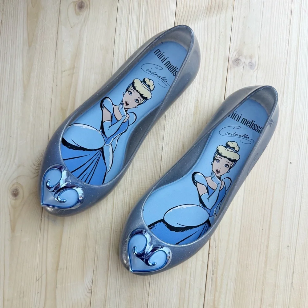 Mini Melissa Disney Cinderella Silver Jelly Ballet Flats Girls Size 13 Heart Toe